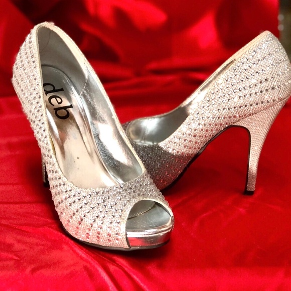 DEB Sparkly Silver Rhinestoned Peep Toe Stiletto High Heel Pumps~Wedding Prom~7 - Picture 7 of 12